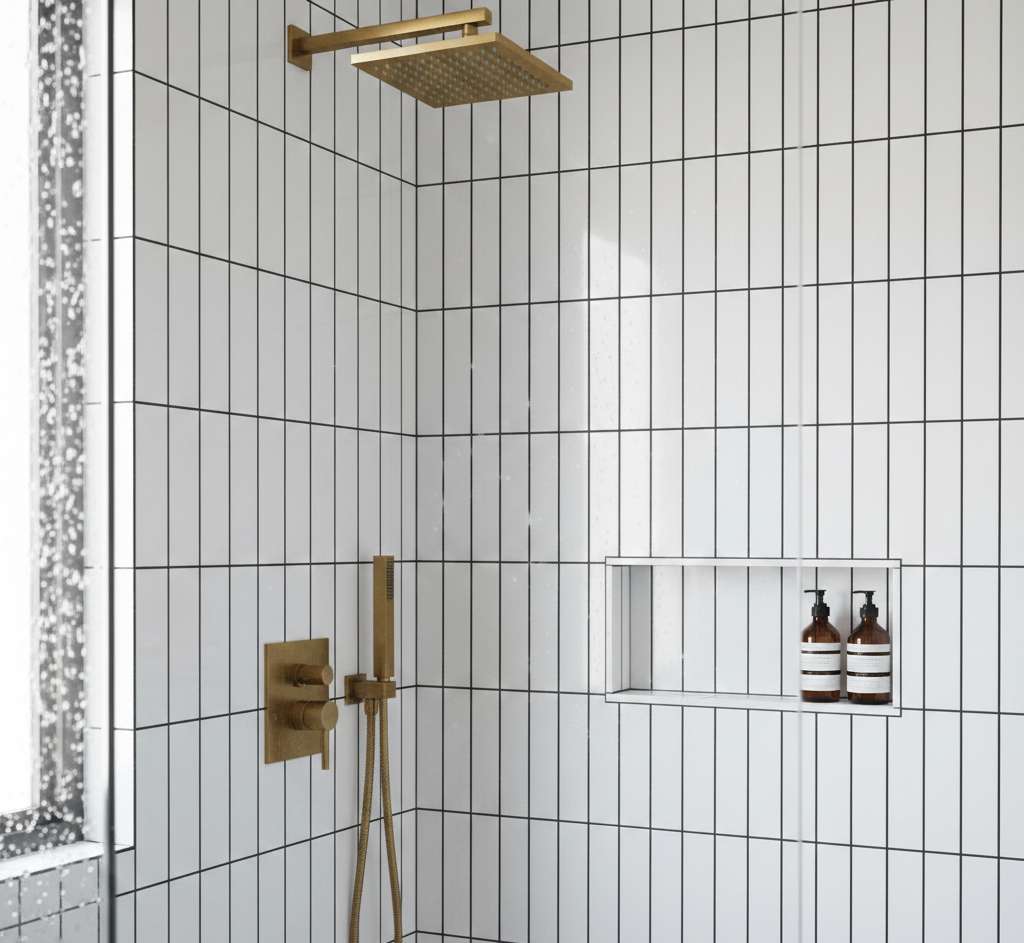 Large-format bathroom tile ideas in modern Raleigh bathroom remodel