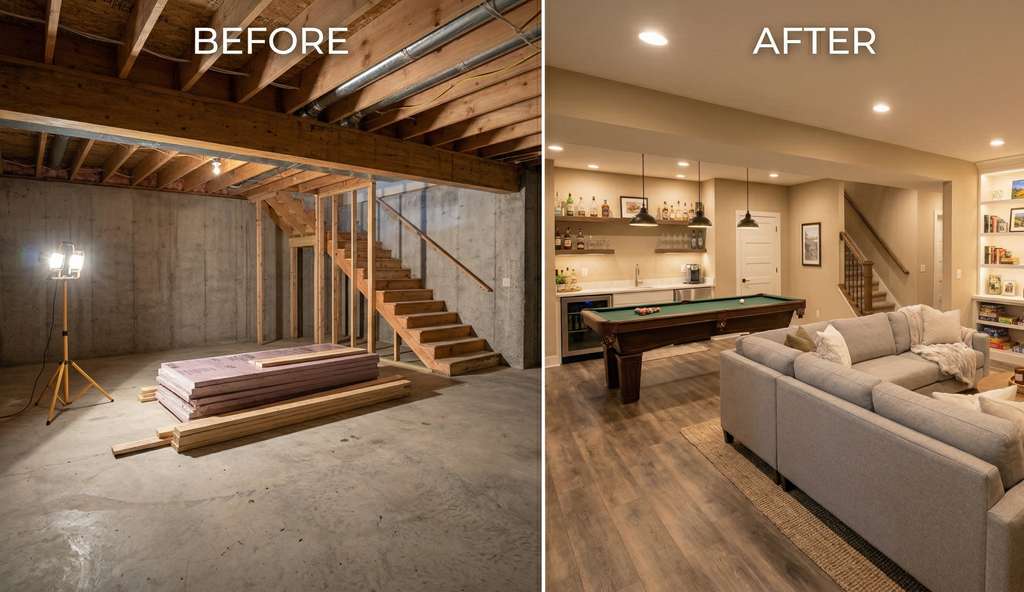 Basement finishing project Raleigh before after