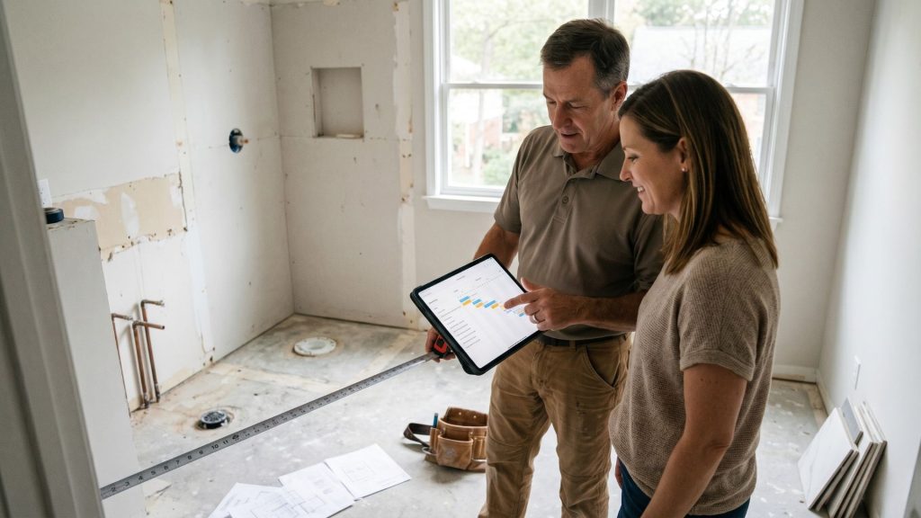 Professional contractor reviewing bathroom remodel plans and timeline with homeowner