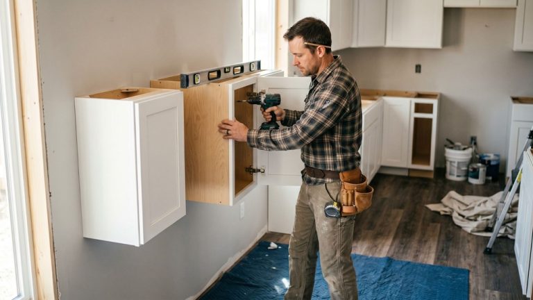 Professional carpenter installing custom white kitchen cabinets with soft-close hinges during Raleigh NC renovation