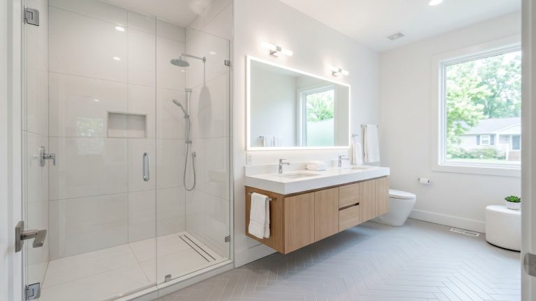 Completed bathroom remodel with walk-in shower and modern finishes Raleigh