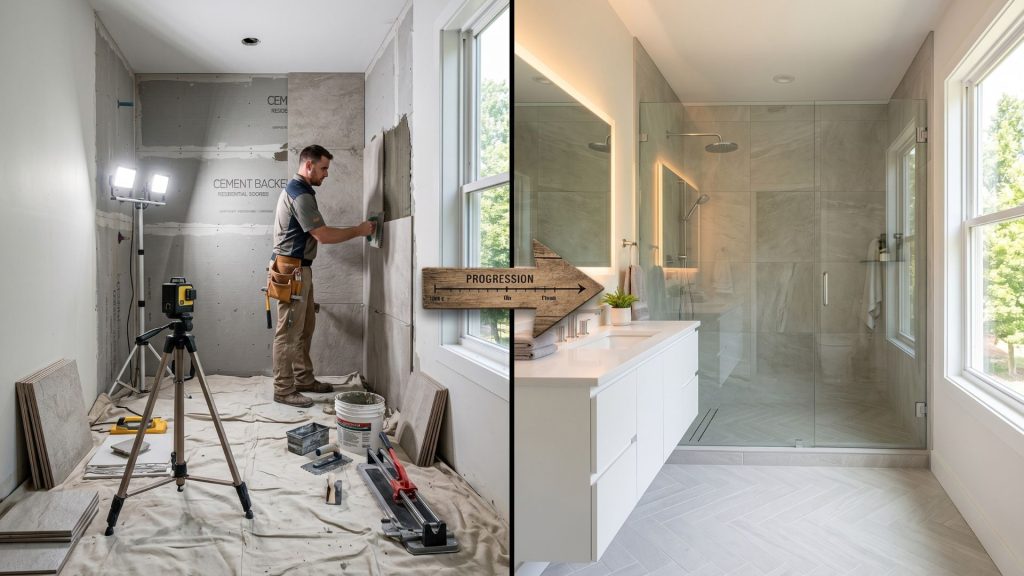 Modern bathroom renovation timeline from demolition to completion in Raleigh NC