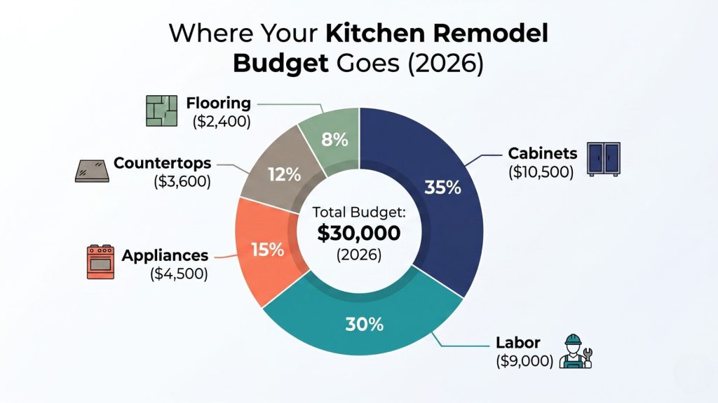 Kitchen remodel cost breakdown chart showing cabinetry 30-40 percent countertops 10-15 percent appliances 10-20 percent labor 20-35 percent