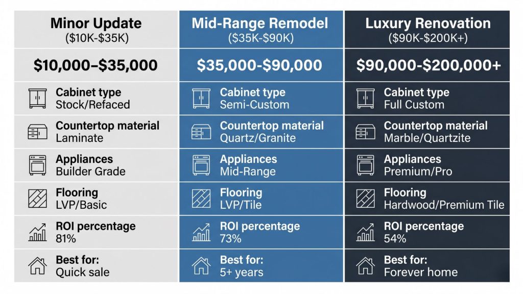 Comparison table showing kitchen renovation costs and features for minor budget mid-range and luxury remodel tiers in 2026