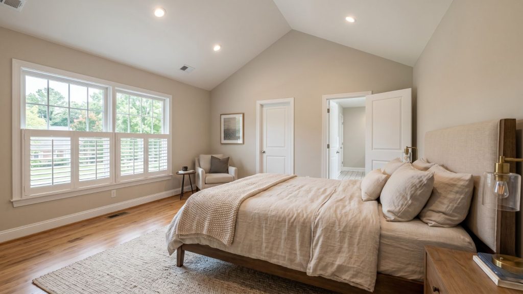 Newly completed primary bedroom interior in a Raleigh NC master suite addition