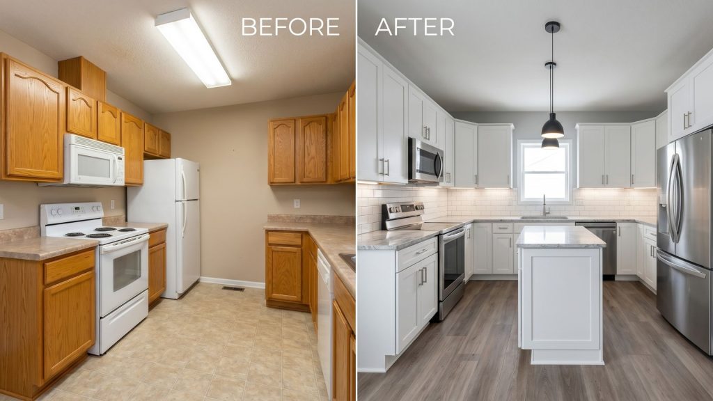Before and after split image of mid-range kitchen remodel showing dated oak cabinets transformed to white shaker cabinets with quartz countertops