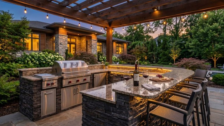 Luxury outdoor kitchen with built-in grill and granite countertops in Raleigh NC