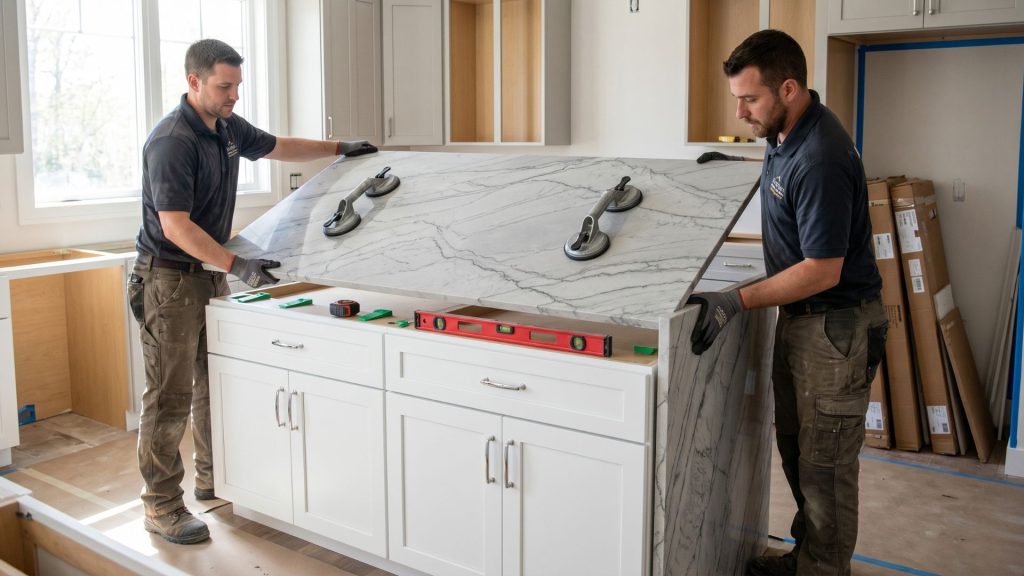 Professional countertop installers setting gray quartz countertop on kitchen island with waterfall edge detail