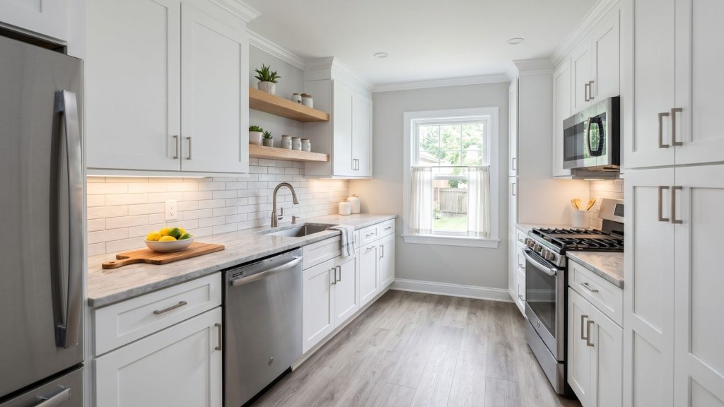 Completed small kitchen remodel under 100 square feet with white semi-custom cabinets luxury vinyl plank flooring and compact appliances