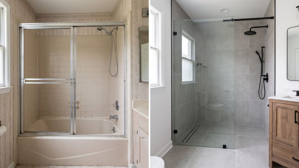 Before and after tub to walk-in shower conversion Raleigh NC bathroom remodel