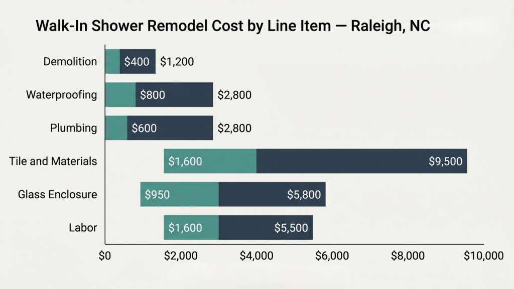 Horizontal bar chart of walk-in shower remodel costs by component Raleigh