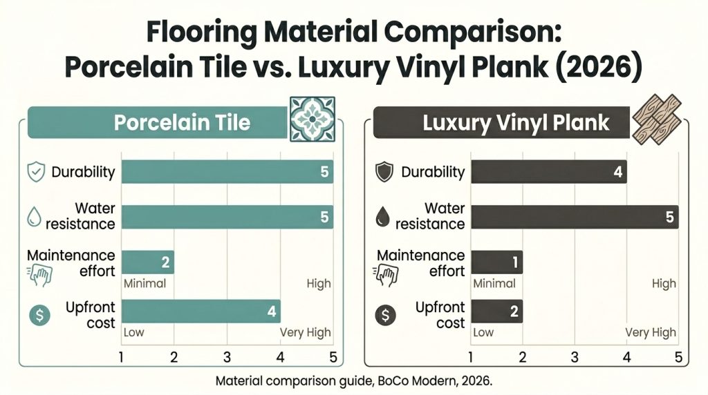 Bathroom flooring comparison showing porcelain tile vs luxury vinyl plank for Raleigh NC homes