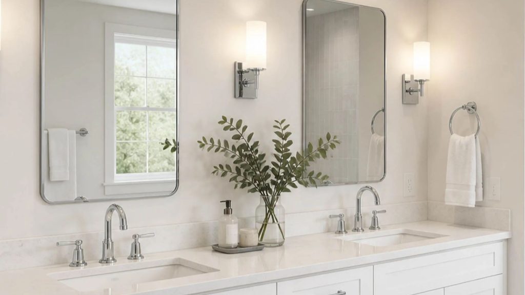 BoCo Select bathroom package installed in Raleigh NC home with floating vanity and designer tile