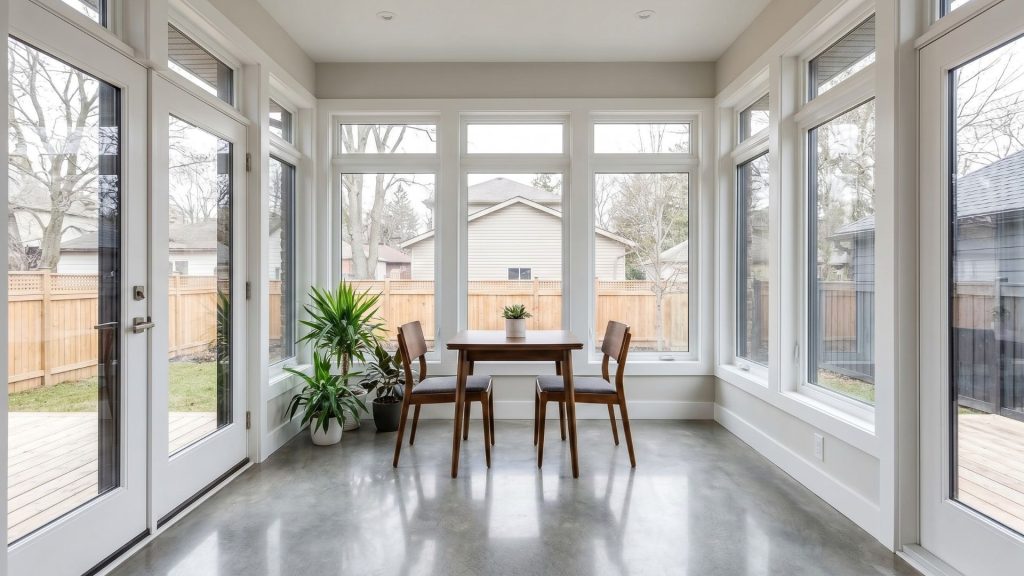 Interior of four-season sunroom addition in Raleigh NC with natural light and modern furnishings