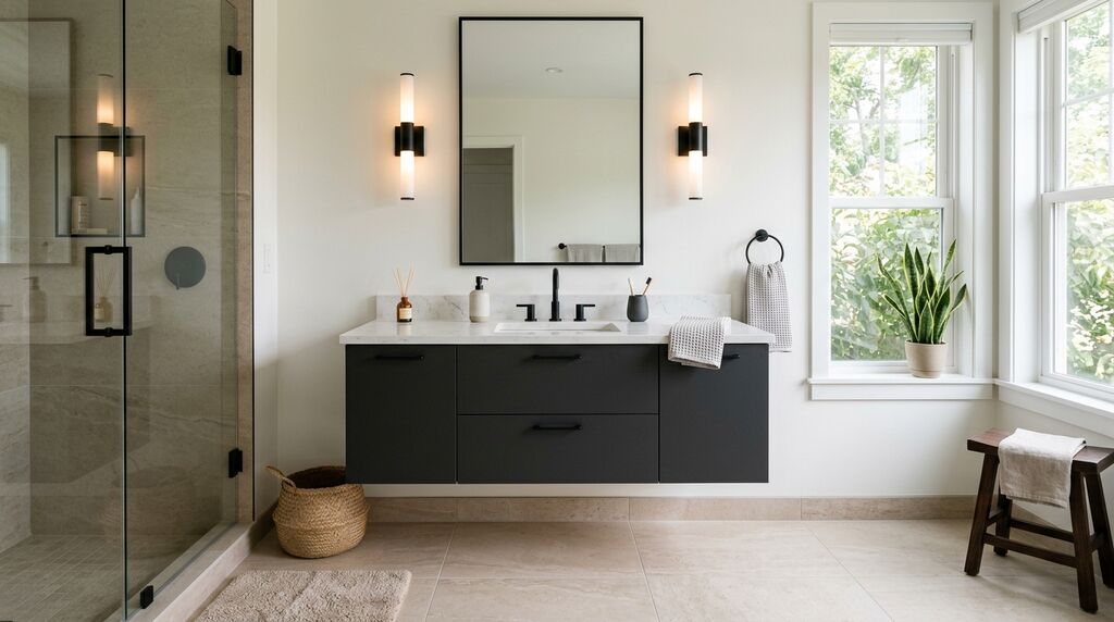 Bathroom renovation in Raleigh NC showing matte black hardware and layered lighting for upscale look