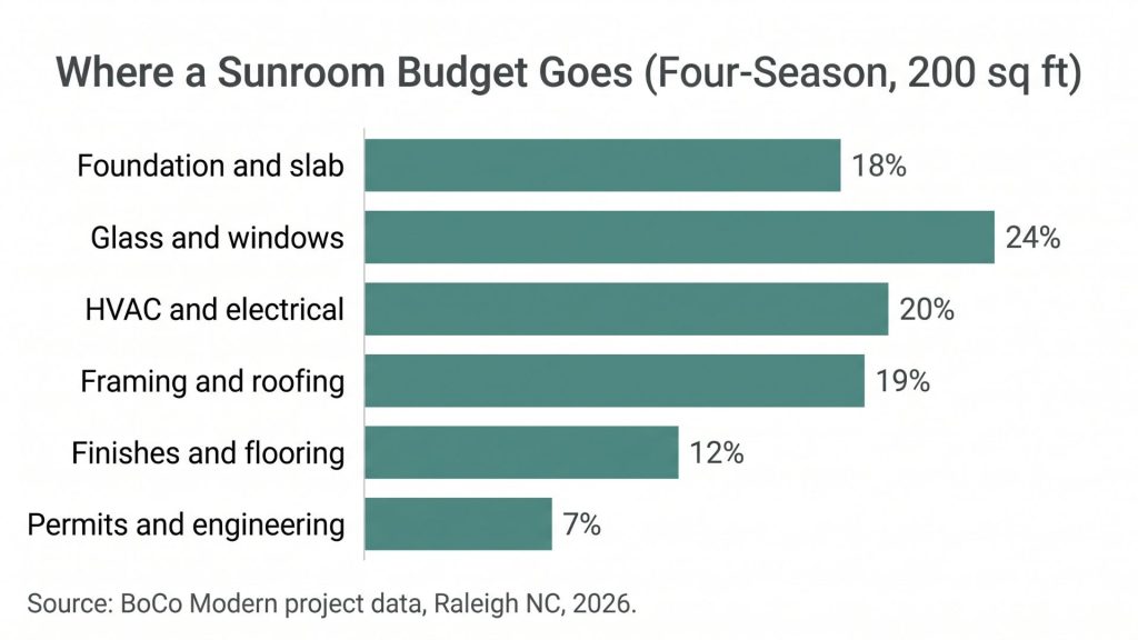 Sunroom addition cost breakdown by category Raleigh NC 2026 bar chart
