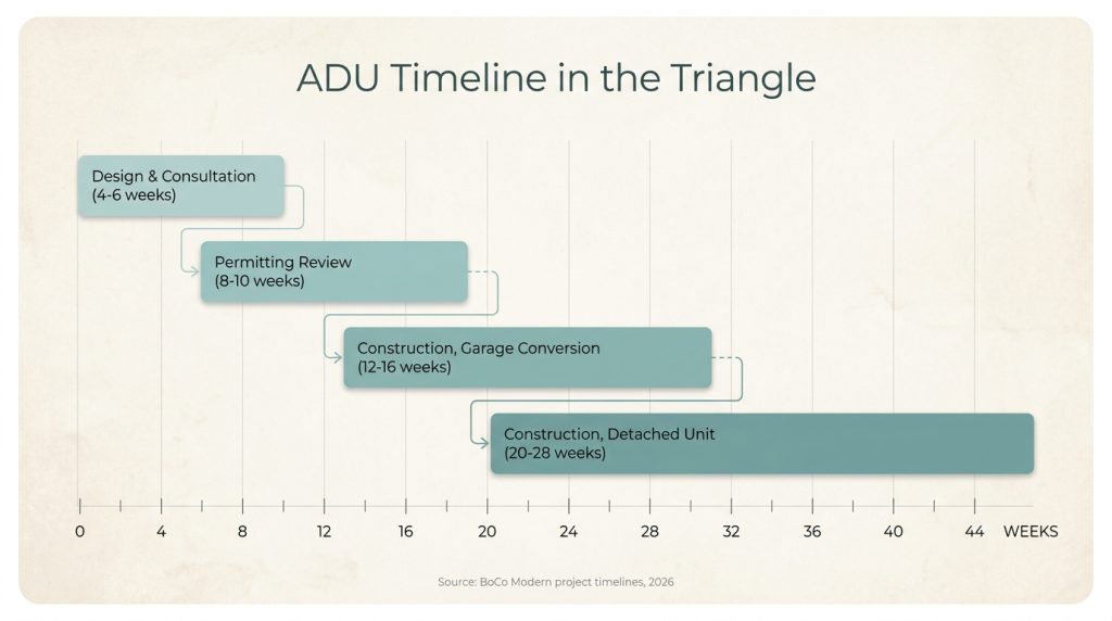 Timeline chart of ADU design permitting and construction phases