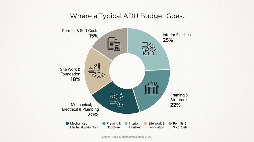 Chart showing ADU construction budget breakdown by category 2026