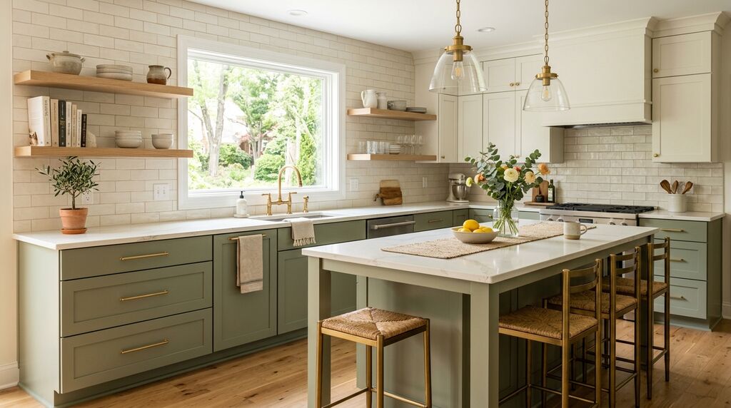 Modern kitchen with green cabinetry and island.