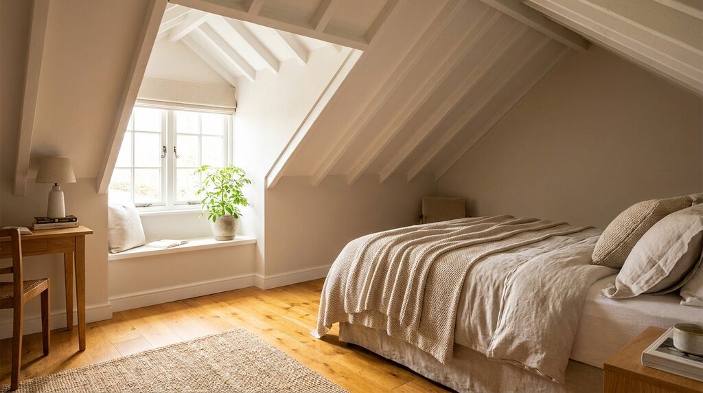 Finished attic bedroom with dormer window and sloped ceiling