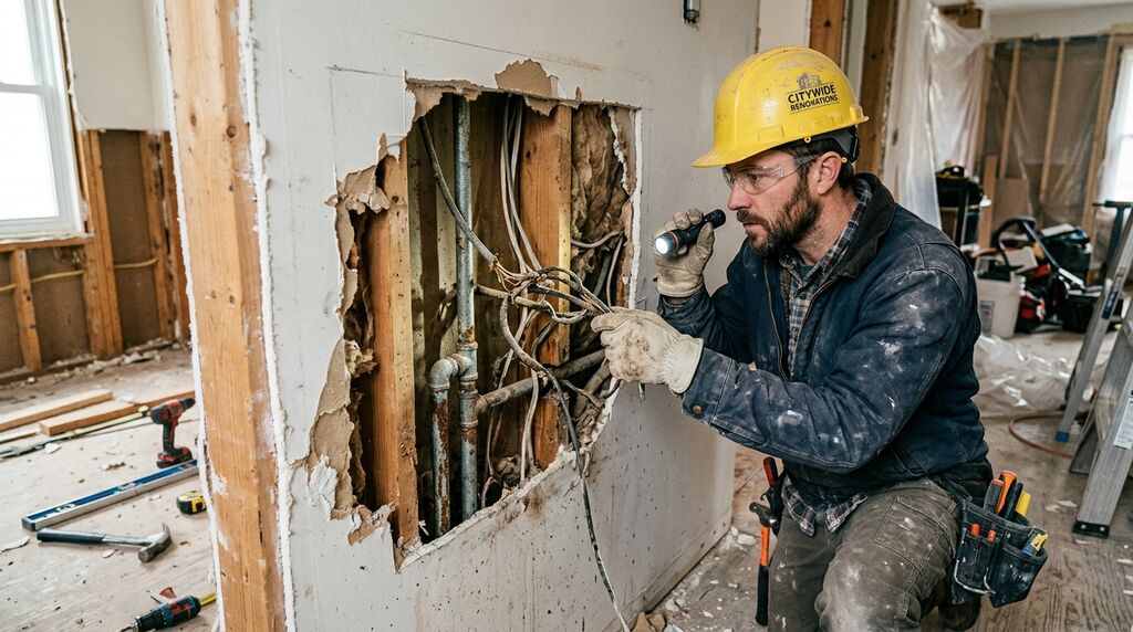 Contractor inspecting wall for hidden issues.