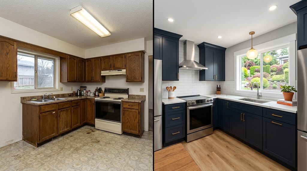 Before and after kitchen renovation.