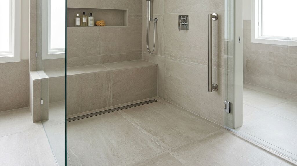 Curbless shower design with grab bar and built-in bench seat
