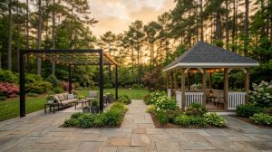 Pavilion and pergola side by side in a Raleigh NC backyard