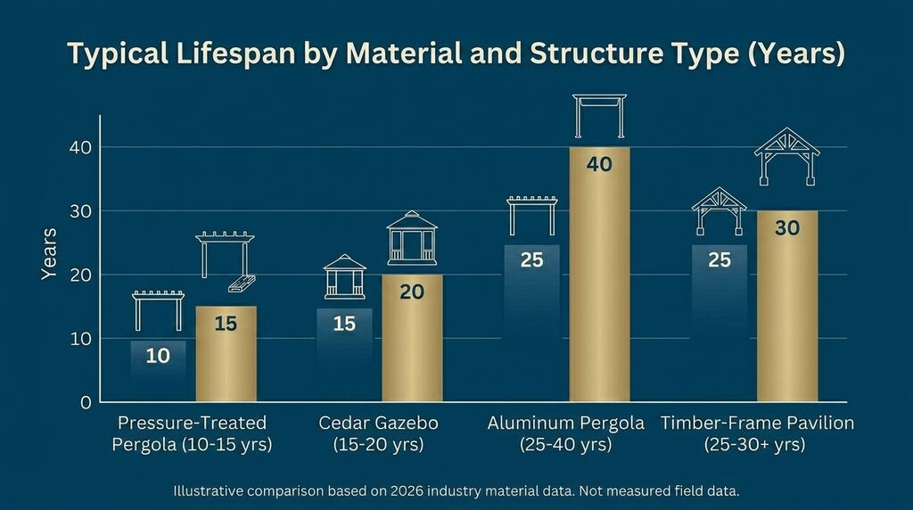 Pergola gazebo pavilion lifespan by material comparison chart